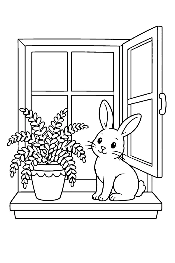 Coloriage d’un lapin sur un rebord de fenêtre