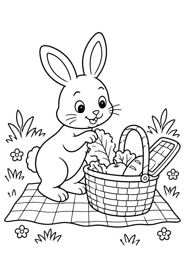 Dessin à colorier d’un lapin près d’un panier de pique-nique