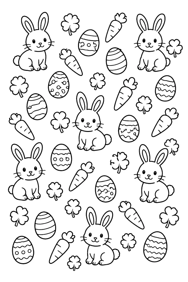 Coloriage d’un motif de lapins, carottes et œufs