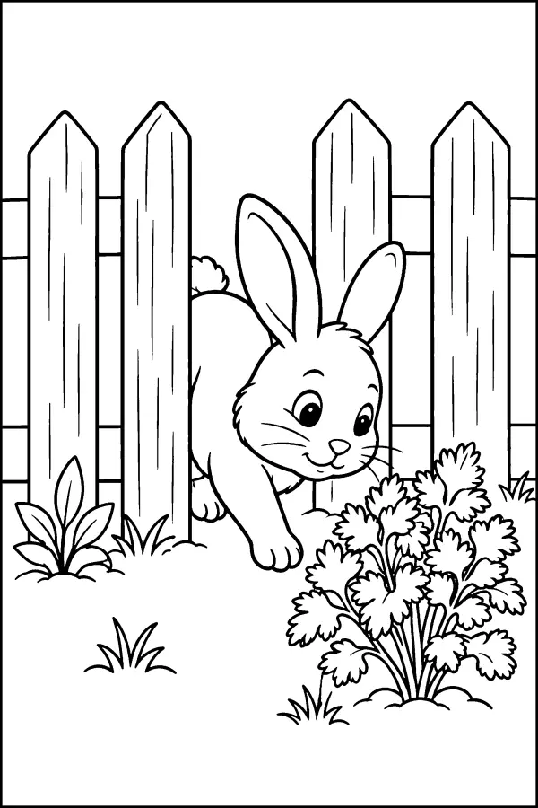 Coloriage d’un lapin passant à travers une clôture