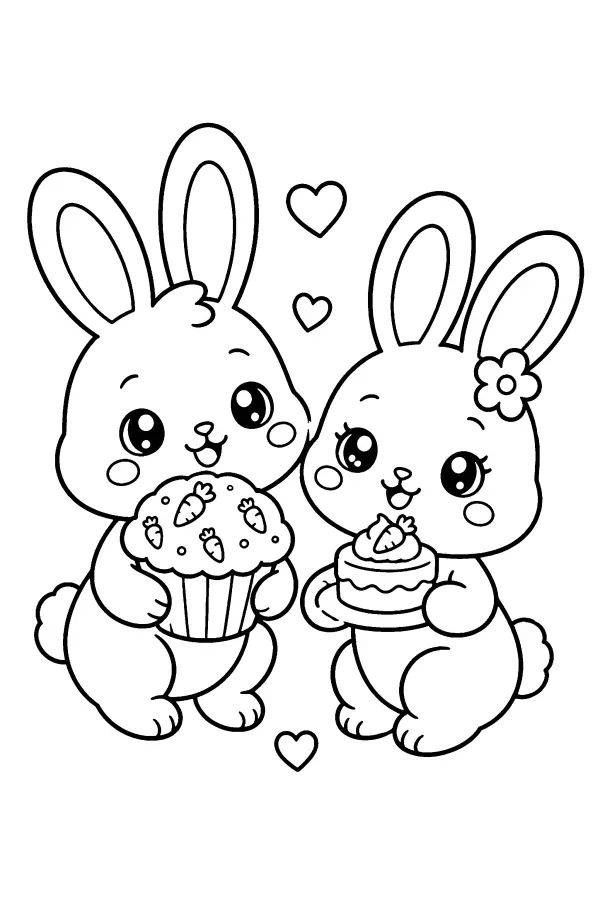 Dessin à colorier de deux lapins tenant des gâteaux