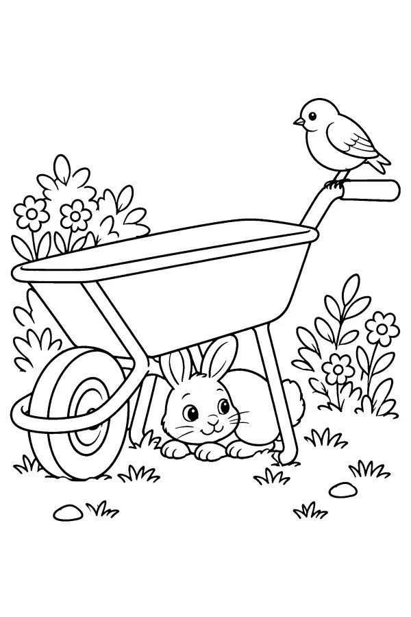 Coloriage d’un lapin caché sous une brouette
