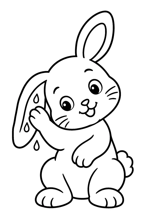 Coloriage facile d’un lapin se toiletant l’oreille