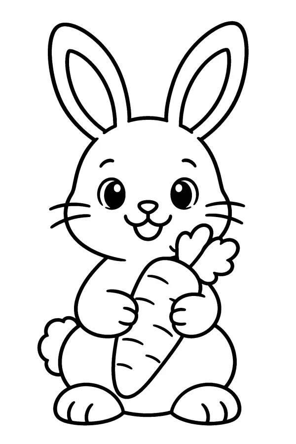 Coloriage d’un lapin assis tenant une carotte