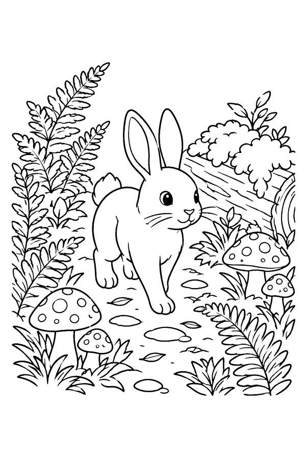 Coloriage d’un lapin sur un sentier en forêt
