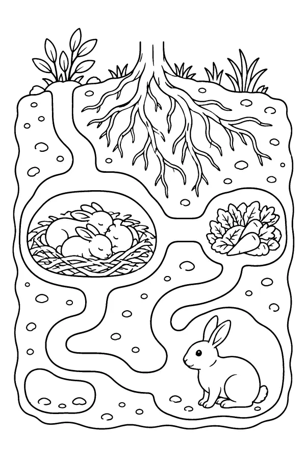 Coloriage d’un terrier de lapins vu en coupe