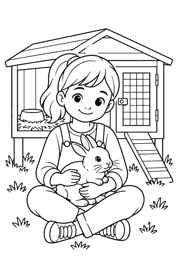 Coloriage d’un enfant tenant un lapin devant un clapier