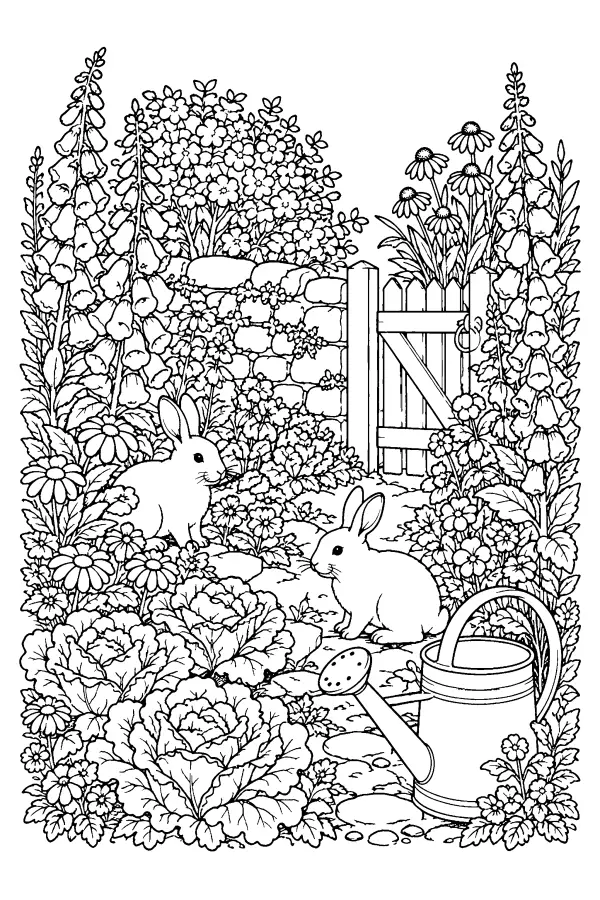 Dessin à colorier de lapins dans un jardin de cottage