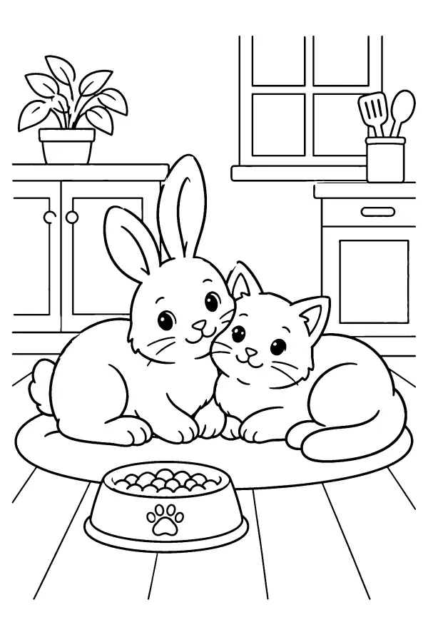 Coloriage d’un lapin et d’un chat dans la cuisine