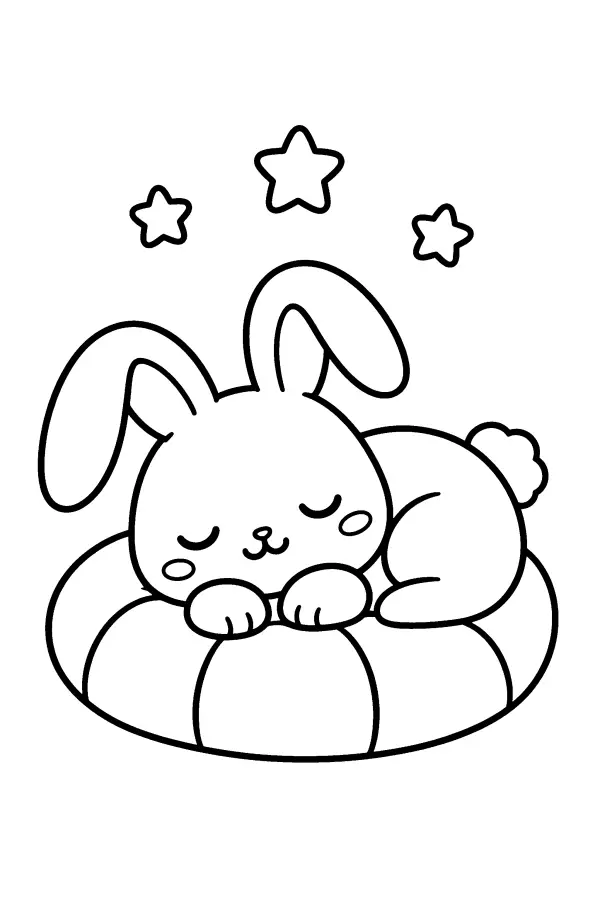 Coloriage facile d’un lapin endormi sur un coussin
