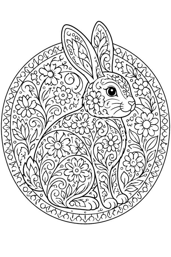 Coloriage détaillé d’un lapin dans un cercle floral