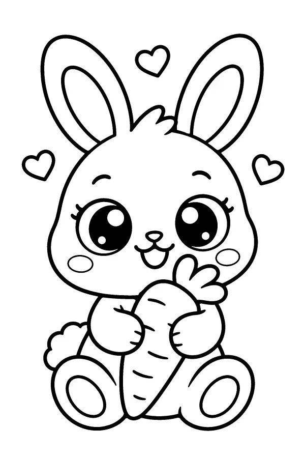 Coloriage d’un lapin tenant une carotte avec des cœurs