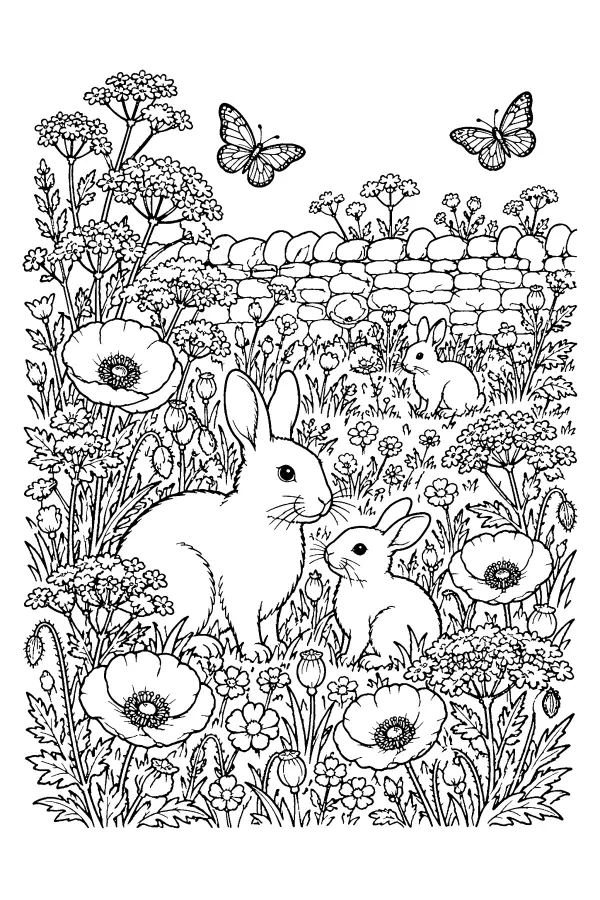 Coloriage détaillé de lapins dans une prairie fleurie