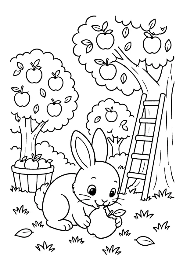 Dessin à colorier d’un lapin mangeant une pomme au verger