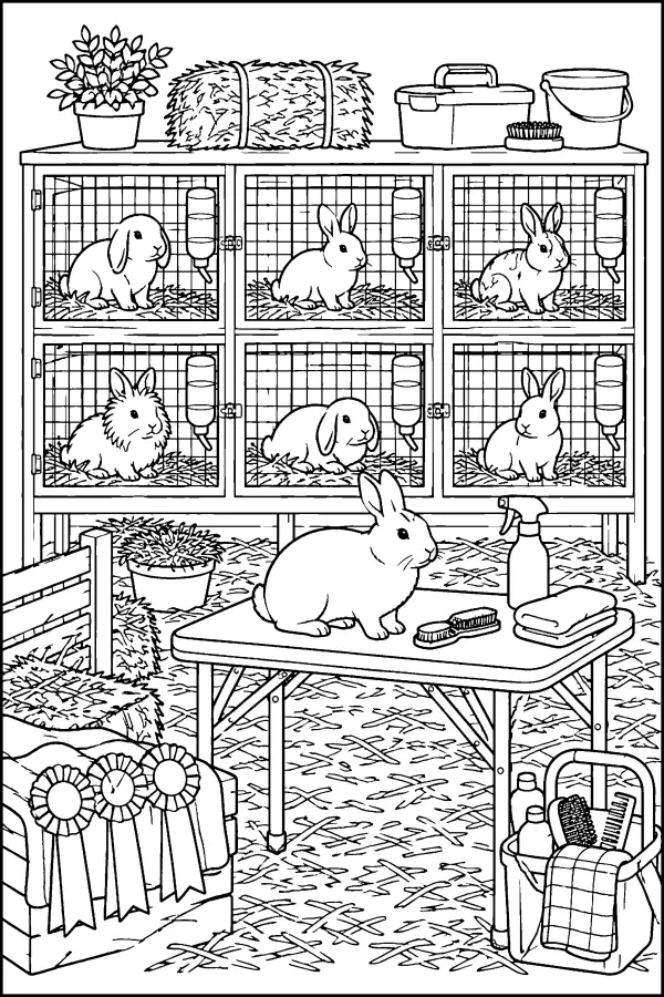 Dessin à colorier de lapins dans des clapiers d’exposition