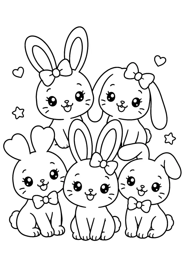 Coloriage de cinq lapins souriants regroupés