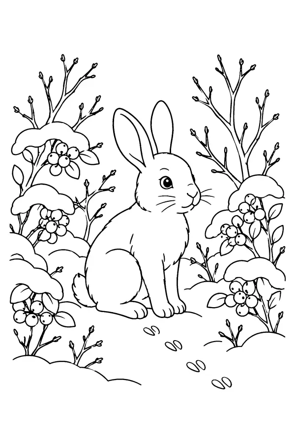 Dessin à colorier d’un lapin dans une haie enneigée