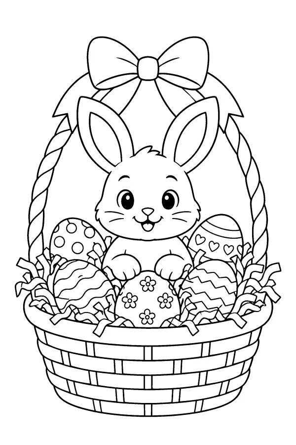 Coloriage d’un lapin de Pâques dans un panier d’œufs