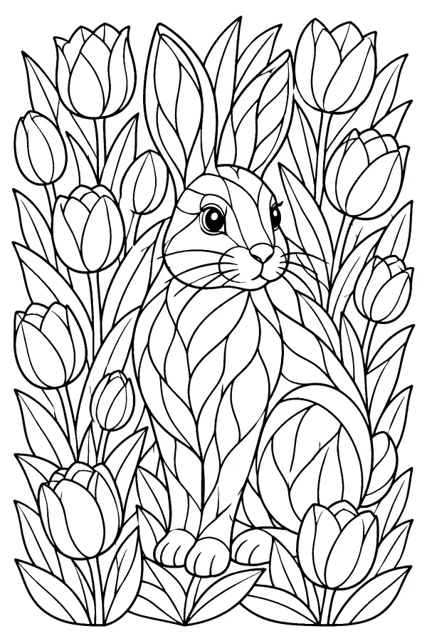Dessin à colorier d’un lapin en vitrail parmi des tulipes