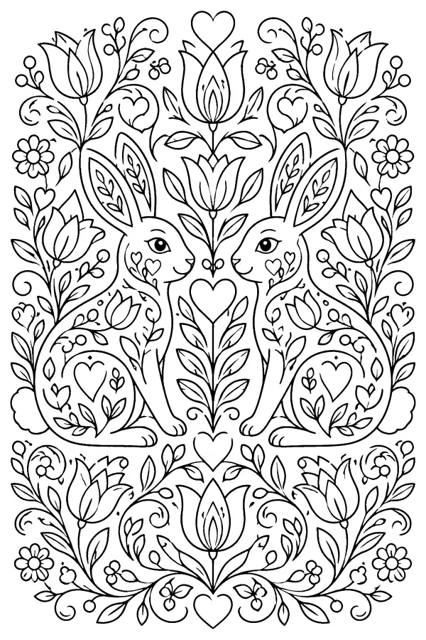 Coloriage détaillé de deux lapins symétriques parmi les fleurs