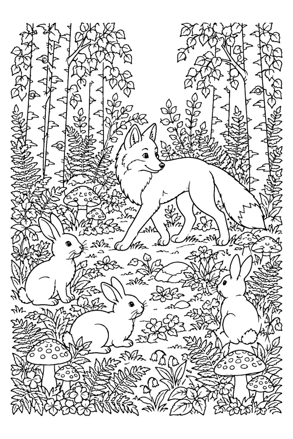 Coloriage détaillé d’un renard et de lapins en forêt