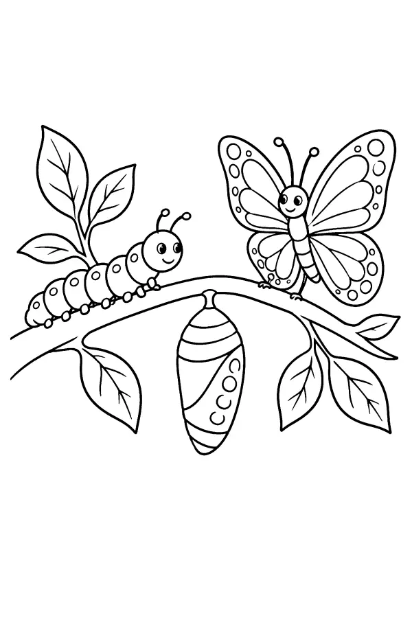 Dessin à colorier du cycle de vie du papillon sur une branche
