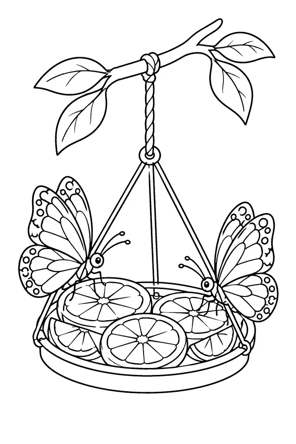 Dessin à colorier de papillons sur des oranges