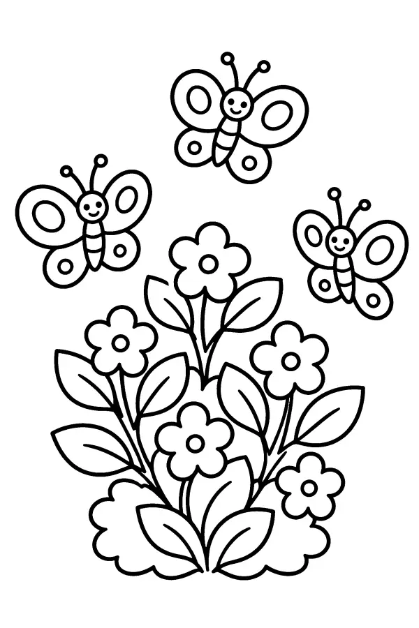 Dessin à colorier de papillons au-dessus d’un buisson fleuri