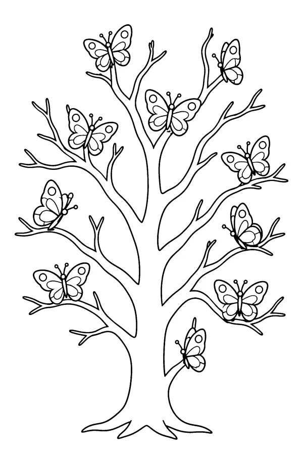 Coloriage de papillons posés sur un arbre