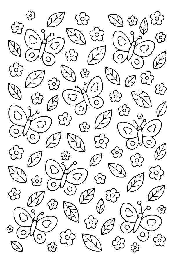 Coloriage d’un motif de papillons, feuilles et fleurs