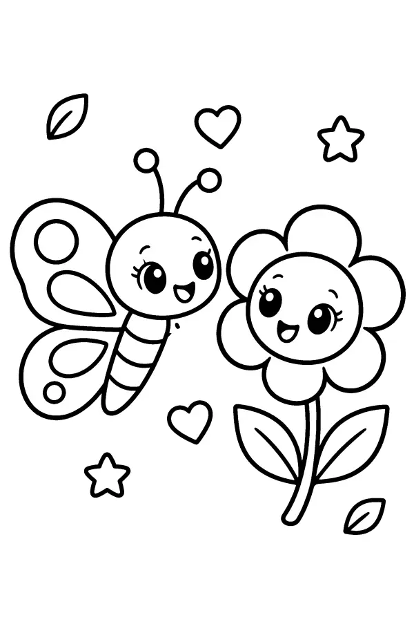 Coloriage d’un papillon face à une fleur souriante