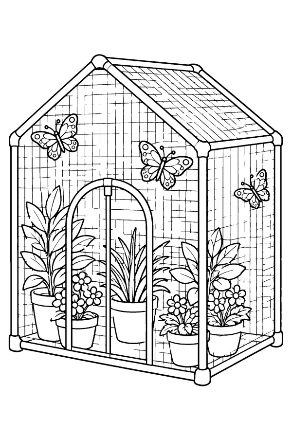 Coloriage de papillons dans une serre grillagée