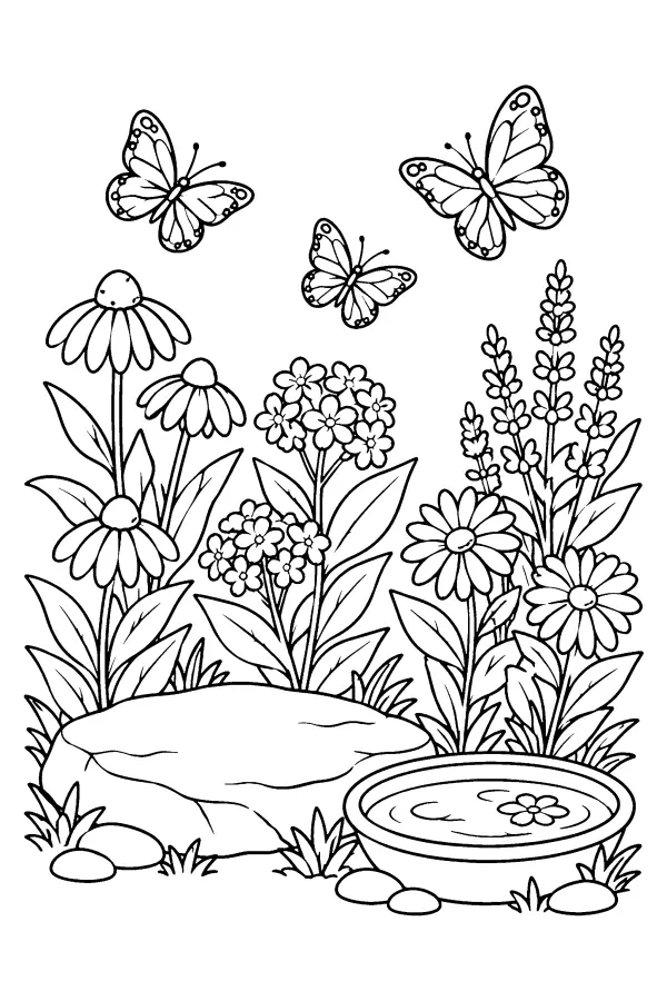 Dessin à colorier de papillons dans un coin de jardin