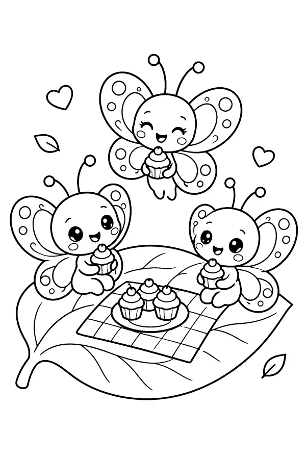 Dessin à colorier de papillons en pique-nique sur une feuille