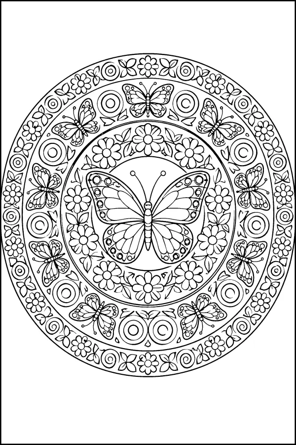 Coloriage détaillé d’un mandala avec papillon au centre