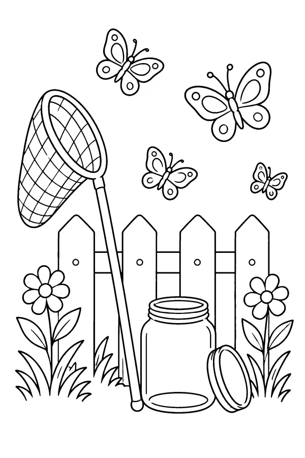 Dessin à colorier d’un filet à papillons dans le jardin