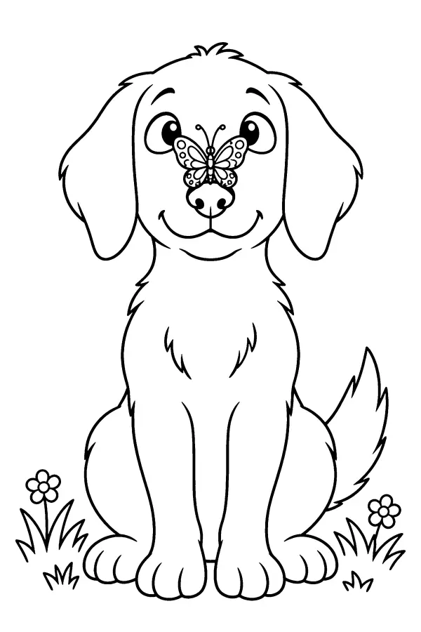 Coloriage d’un papillon posé sur le museau d’un chien