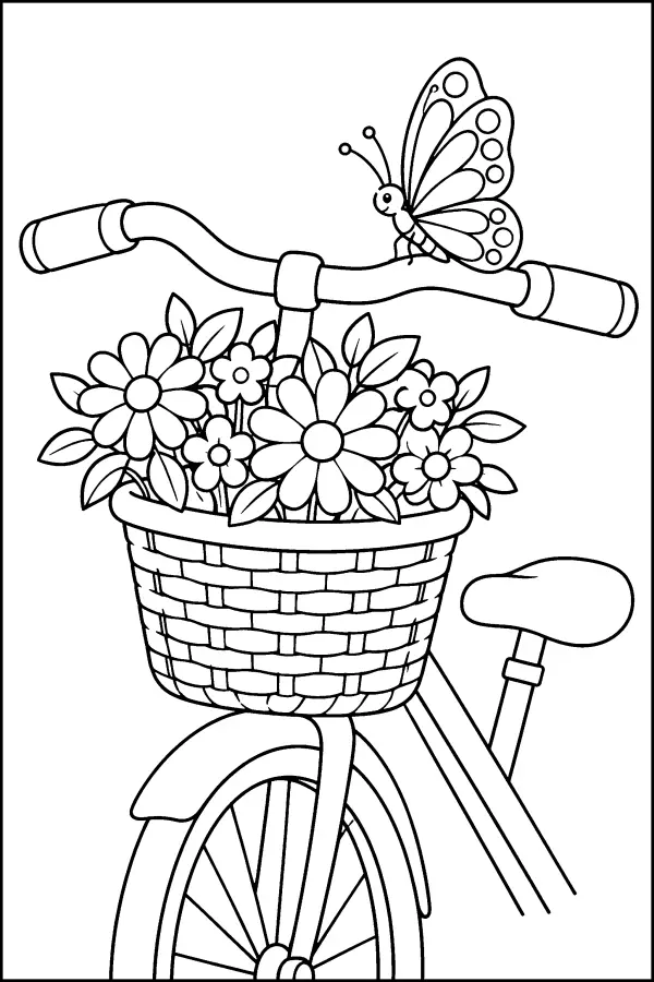 Coloriage d’un papillon sur un vélo fleuri
