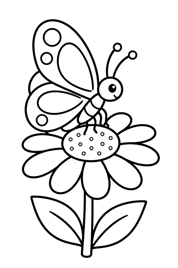 Dessin à colorier d’un papillon sur une pâquerette