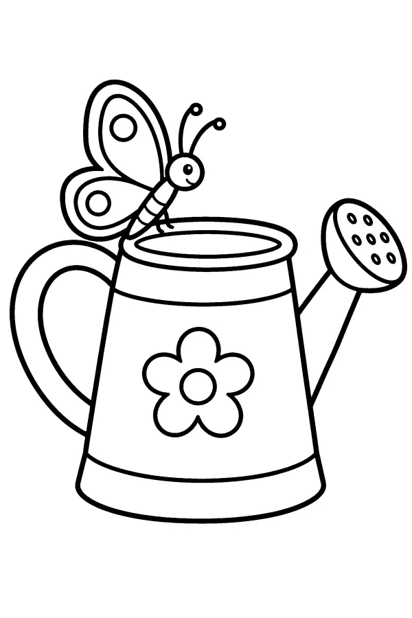 Coloriage d’un papillon posé sur un arrosoir