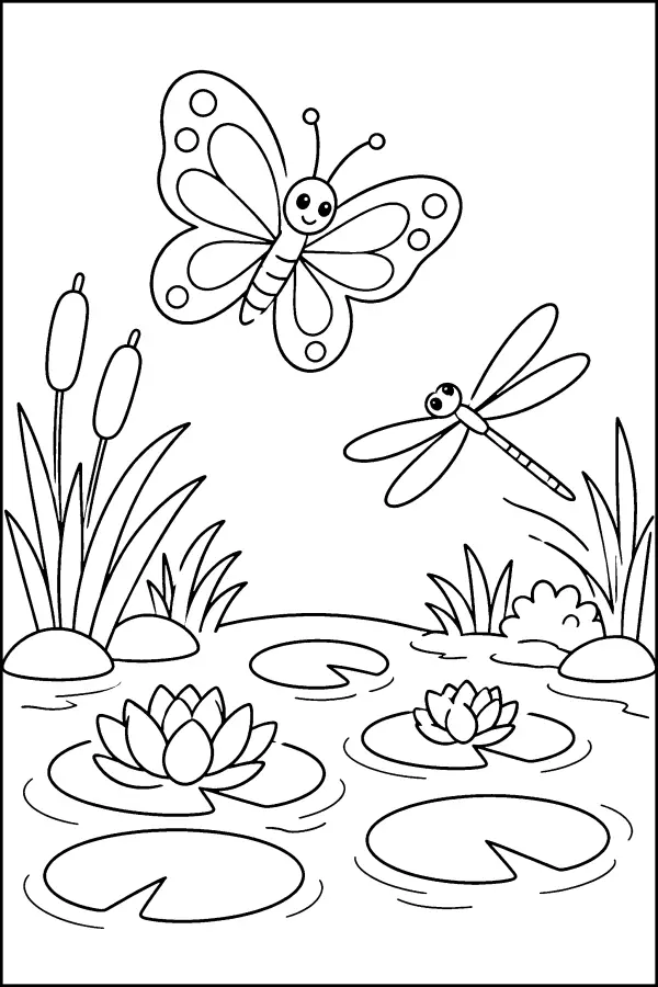 Coloriage d’un papillon volant au-dessus d’un étang