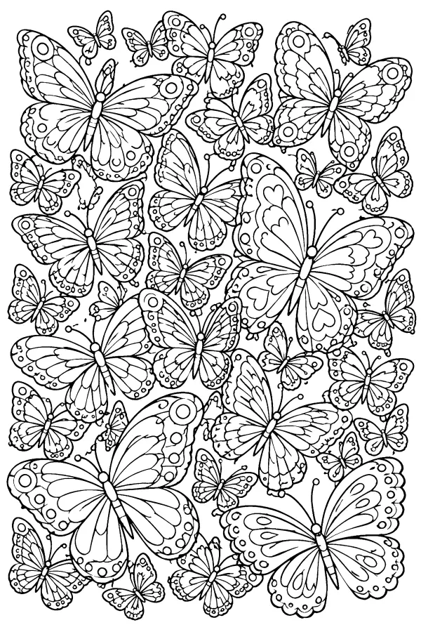 Coloriage détaillé d’une nuée de papillons