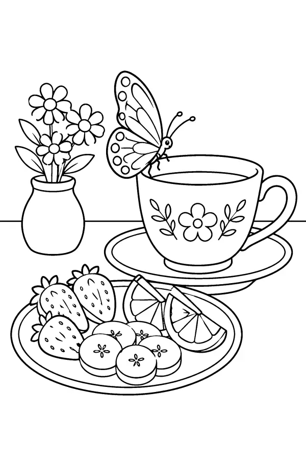 Coloriage d’un papillon près d’une tasse et de fleurs