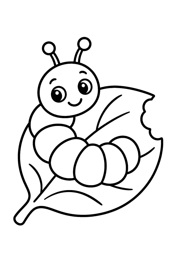 Coloriage facile d’une chenille sur une feuille