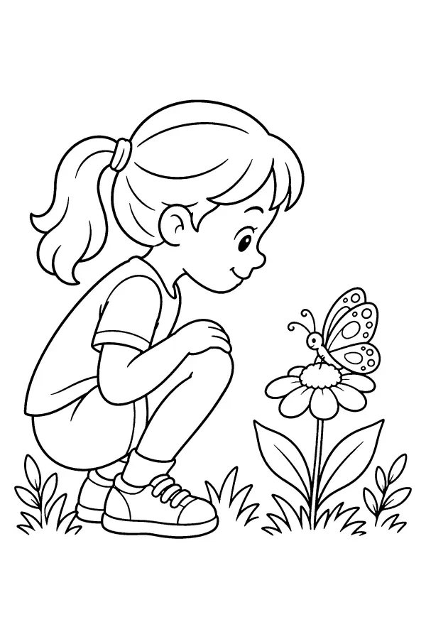 Dessin à colorier d’une fille regardant un papillon