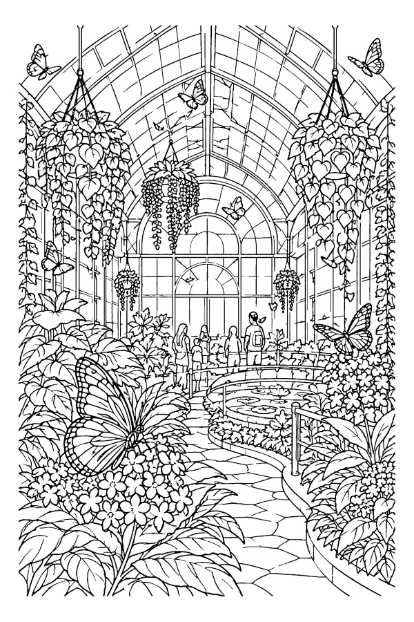 Coloriage détaillé de papillons dans une serre vitrée