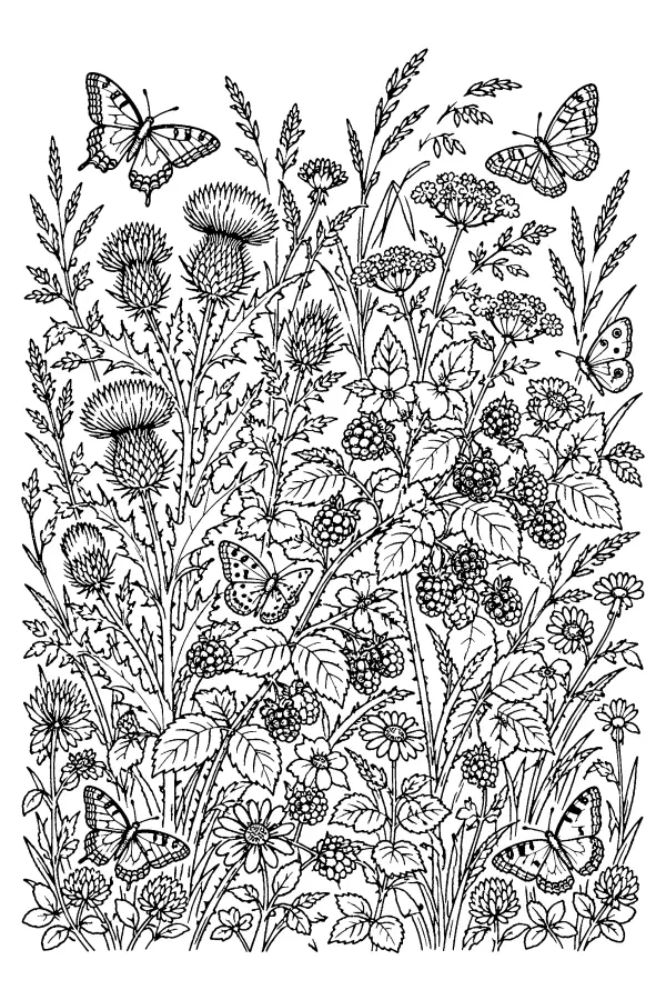 Dessin à colorier d’une haie d’été peuplée de papillons