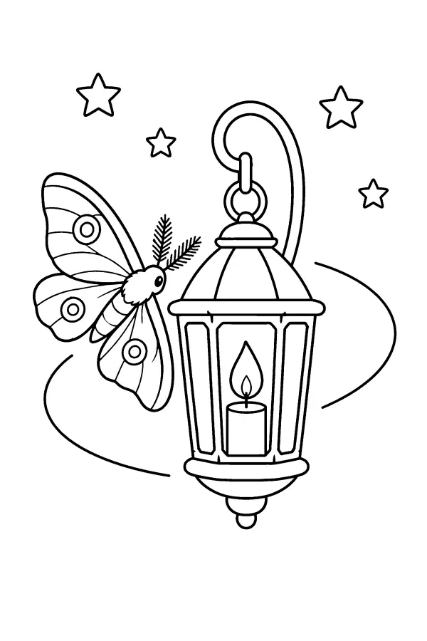 Dessin à colorier d’un papillon de nuit près d’une lanterne