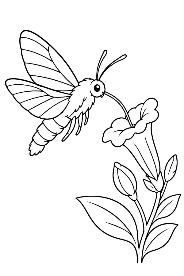 Dessin à colorier d’un papillon de nuit butinant une fleur