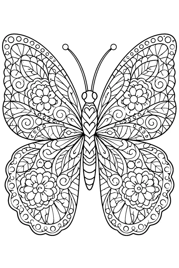 Dessin à colorier d’un papillon aux ailes très décorées